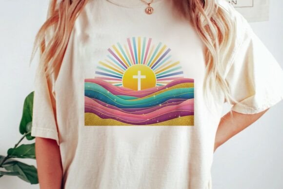 Boho Christian Cross Sunrise Pastel PNG for T-Shirt Designs