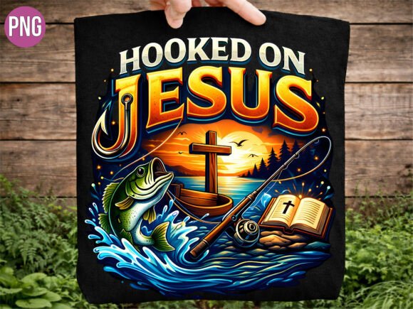 Hooked on Jesus Fishing Sunset PNG SHIRT T-Shirt Designs