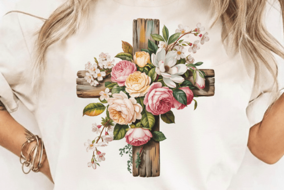 Vintage Christian Floral Cross PNG for T-Shirt Designs